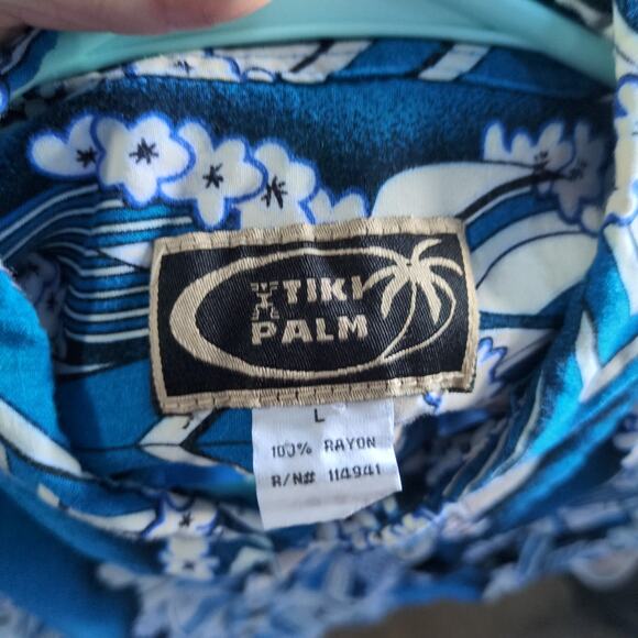 Vintage Tiki Palm Hawaiian Shirt Mens L Blue Rayon Hibiscus 90s Summer Vacation - Picture 5 of 7